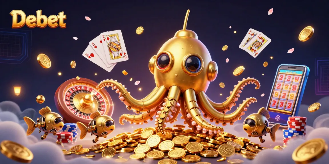 Debet features a 3D kraken submarine amidst golden coins and slot symbols, showcasing thrilling gameplay.