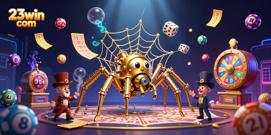 Experience the thrill with 23win com as golden tickets and lottery balls create a vibrant casino world.