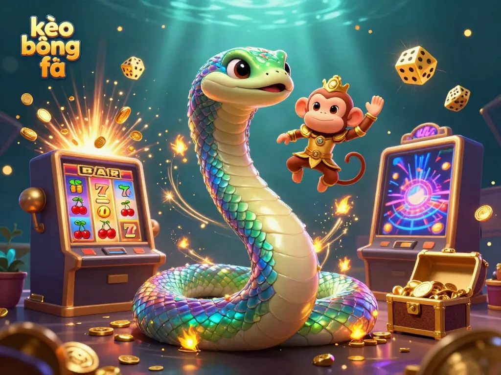 Engage in kèo bóng đá with a vibrant 3D scene showcasing a playful monkey king and a rainbow serpent amidst explosive casino elements.