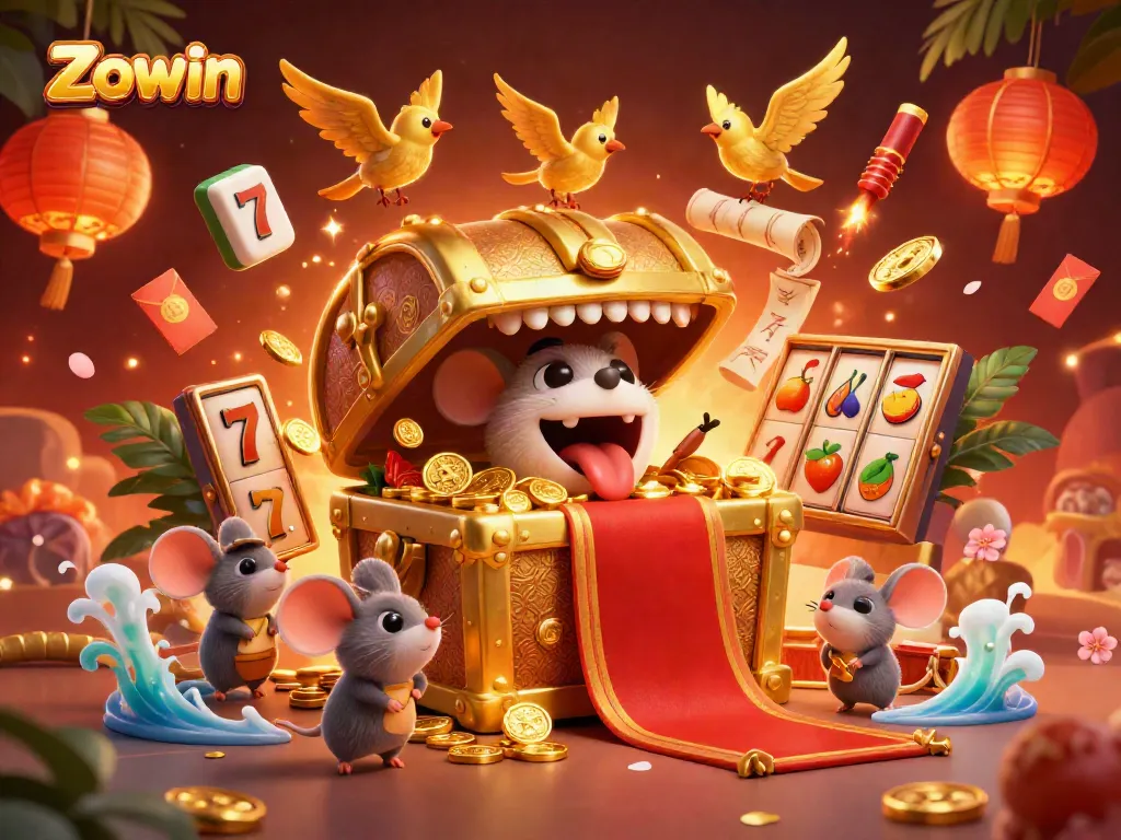Zowin lures players with a golden treasure chest, showcasing vibrant slot reels and winning elements.
