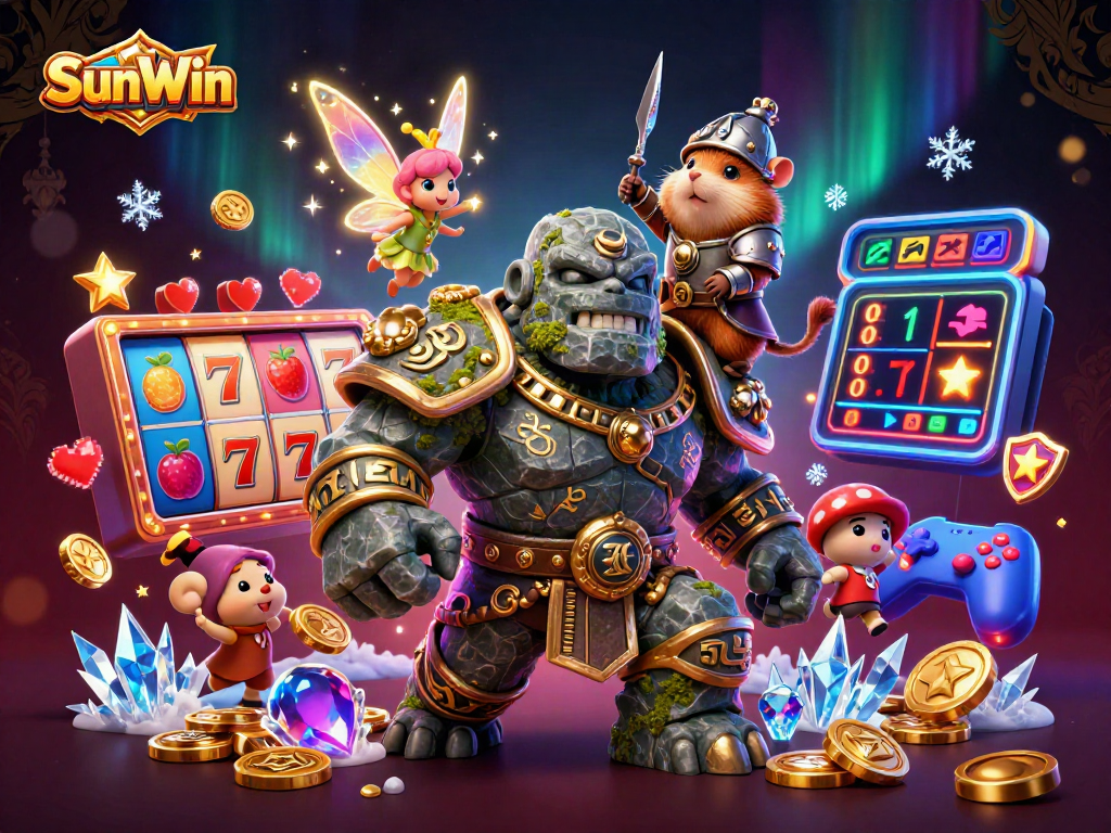 Engage in gaming adventures with SunWin's enchanting characters amidst vibrant casino elements.