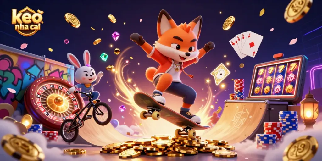 Engage with thrilling keo nha cai action as a skateboarder fox and BMX rabbit defy gravity at a vibrant casino.