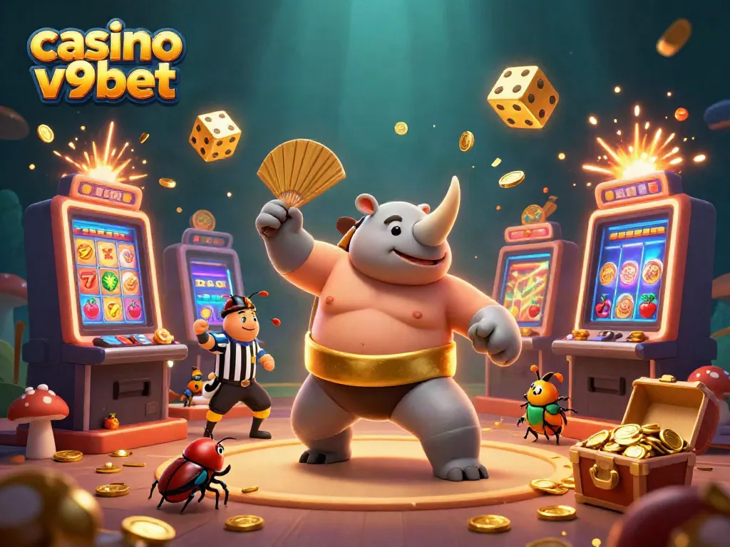 Experience the vibrant action at casino v9bet with a dynamic 3D sumo champion and colorful slot machines.