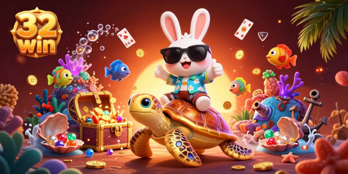 Experience the thrill of 32 win with our vibrant underwater scene featuring a lucky rabbit and a golden turtle.