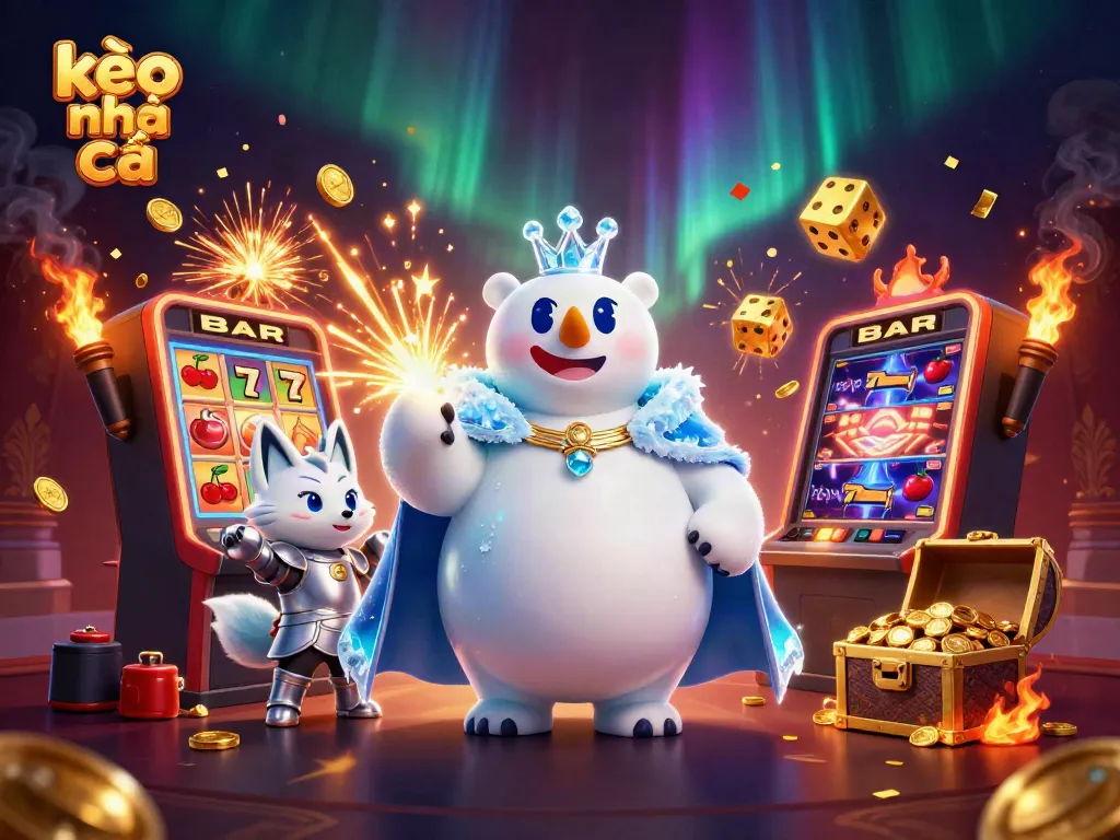 Unlock the magic of kèo nhà cái with exciting casino-themed adventure showcasing polar royalty and slot machines.
