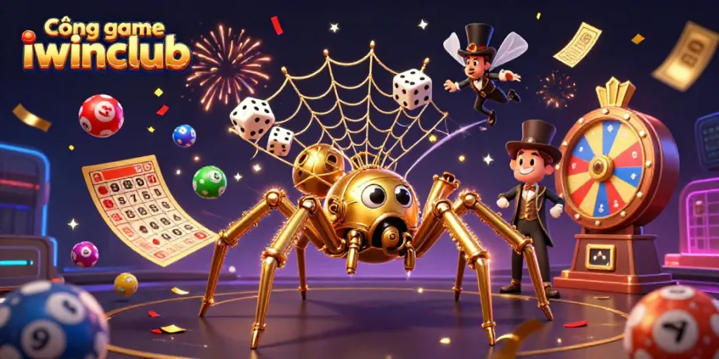 Experience the thrill of Cổng game iwinclub with a stunning steampunk spider web illustration featuring vibrant lottery elements and dynamic game visuals.