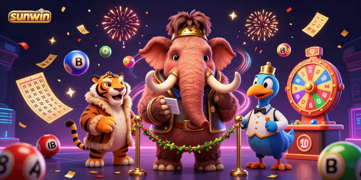 Engage with sunwin's vibrant lottery scene featuring a woolly mammoth bouncer and colorful game elements.