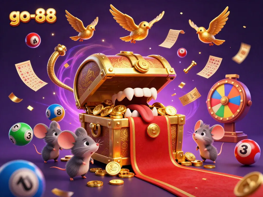 Experience the excitement of go-88 with a vibrant treasure chest scene, filled with golden coins and bouncing lottery balls.