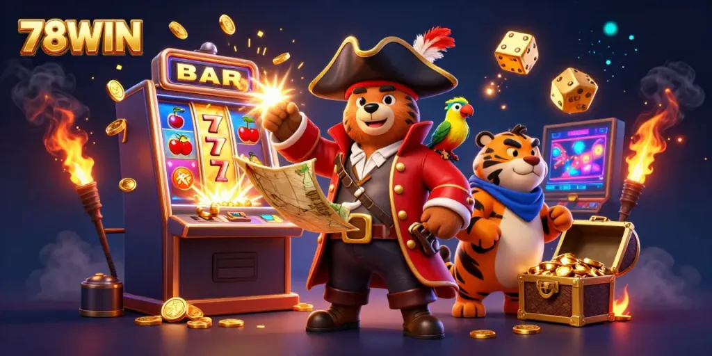 Experience thrilling gameplay with 78WIN as a pirate captain bear and friends revel near a jackpot slot machine.
