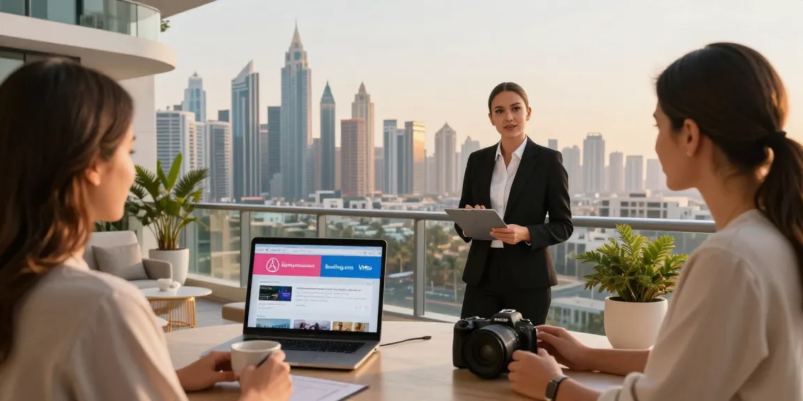Short-term rental management in Dubai showcased with a property manager and homeowner discussing rentals against a stunning skyline.