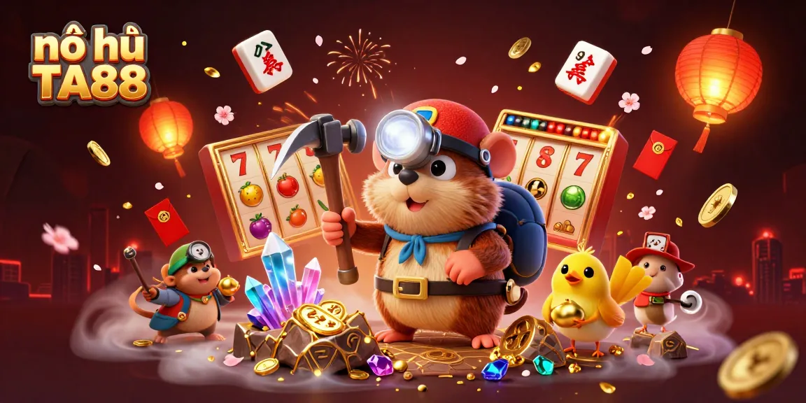 Play nổ hũ TA88 with exciting slot reels and a treasure hunter in a dynamic casino theme.