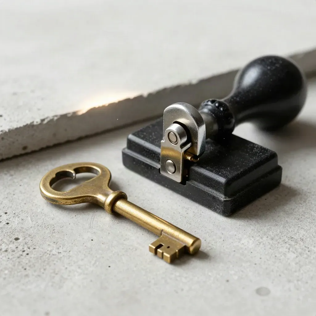 Brass archive key, rubber stamp base and locked evidence latch on pale concrete with soft light.