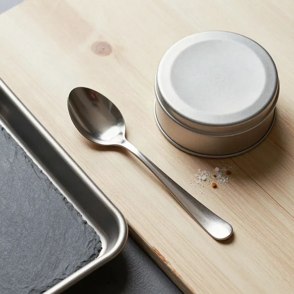 Overhead still life of a tasting spoon, ingredient tin, and steel tray on pale wood.