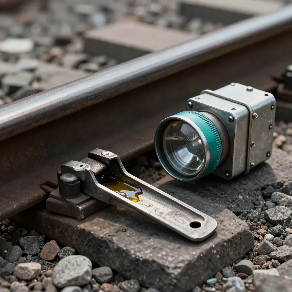 Macro still life of a rail clip, inspection torch and relay housing on dark stone, dust in raking light.