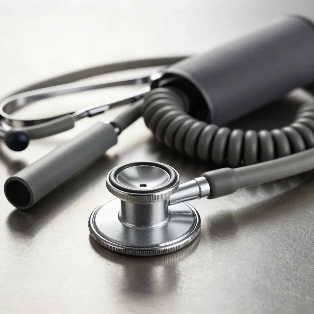 Macro of a stethoscope chestpiece, penlight and blood-pressure tube on brushed metal.