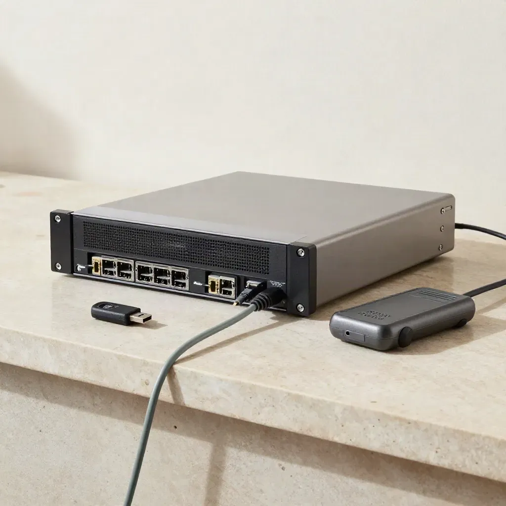 Rackmount firewall kit on pale limestone with cable tester, SFPs and fibre lead.