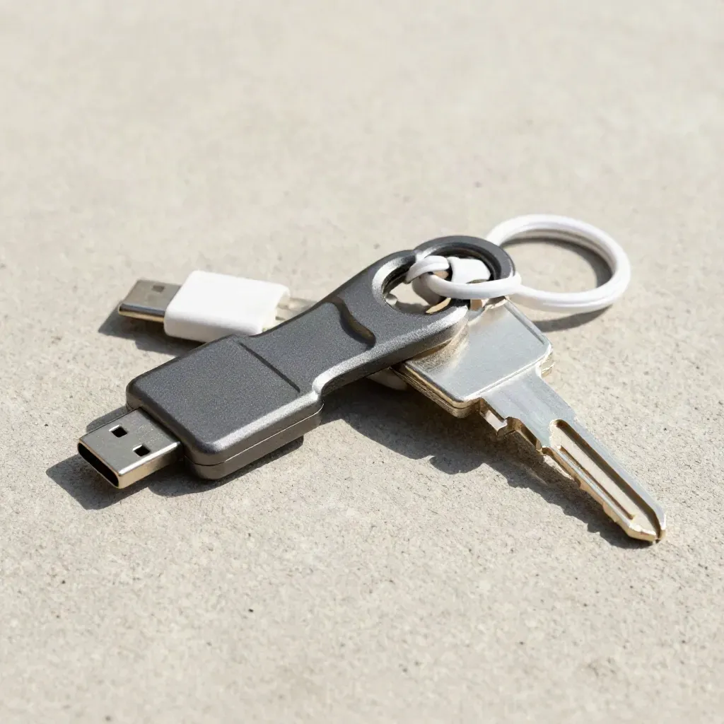 Two crossed hardware security keys on pale concrete, lit dramatically in a premium still life.