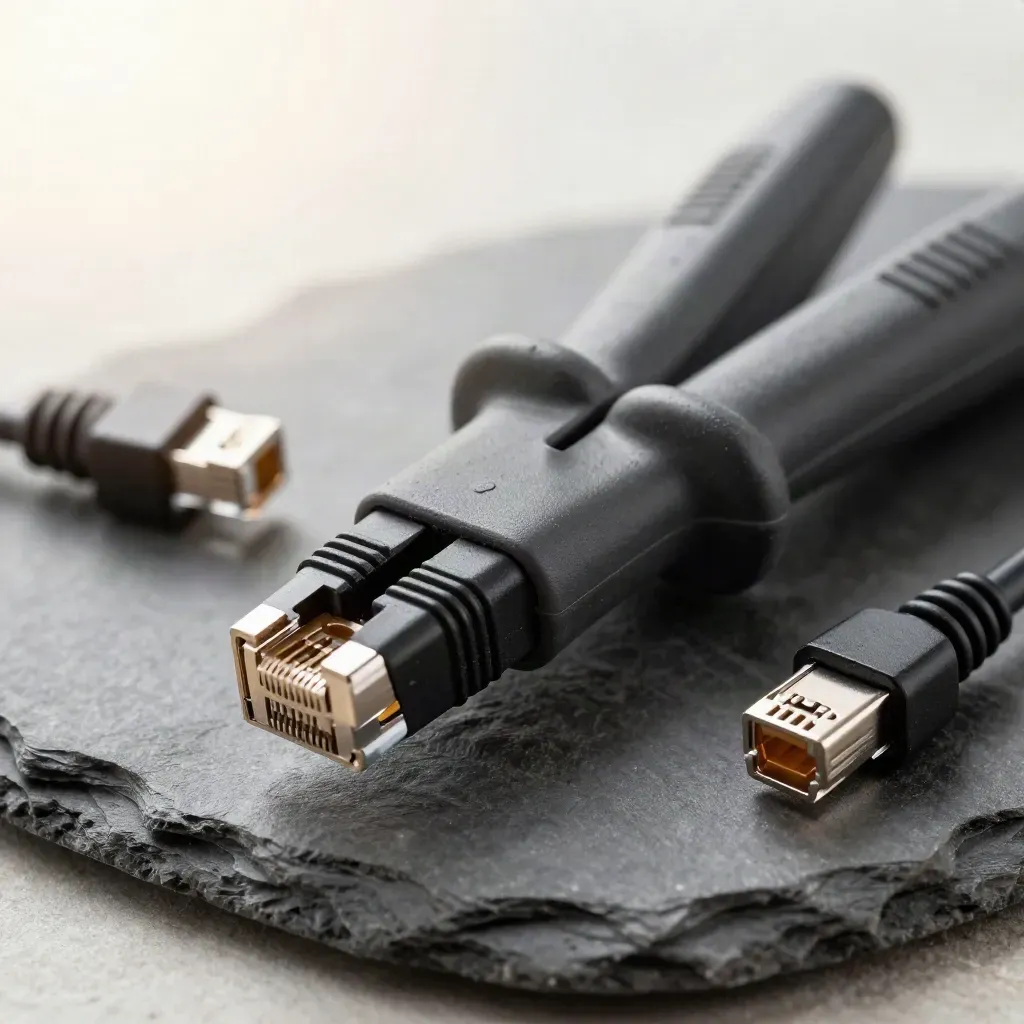 Top-down macro of a cable tester with loopback cap and two ethernet plugs on slate stone