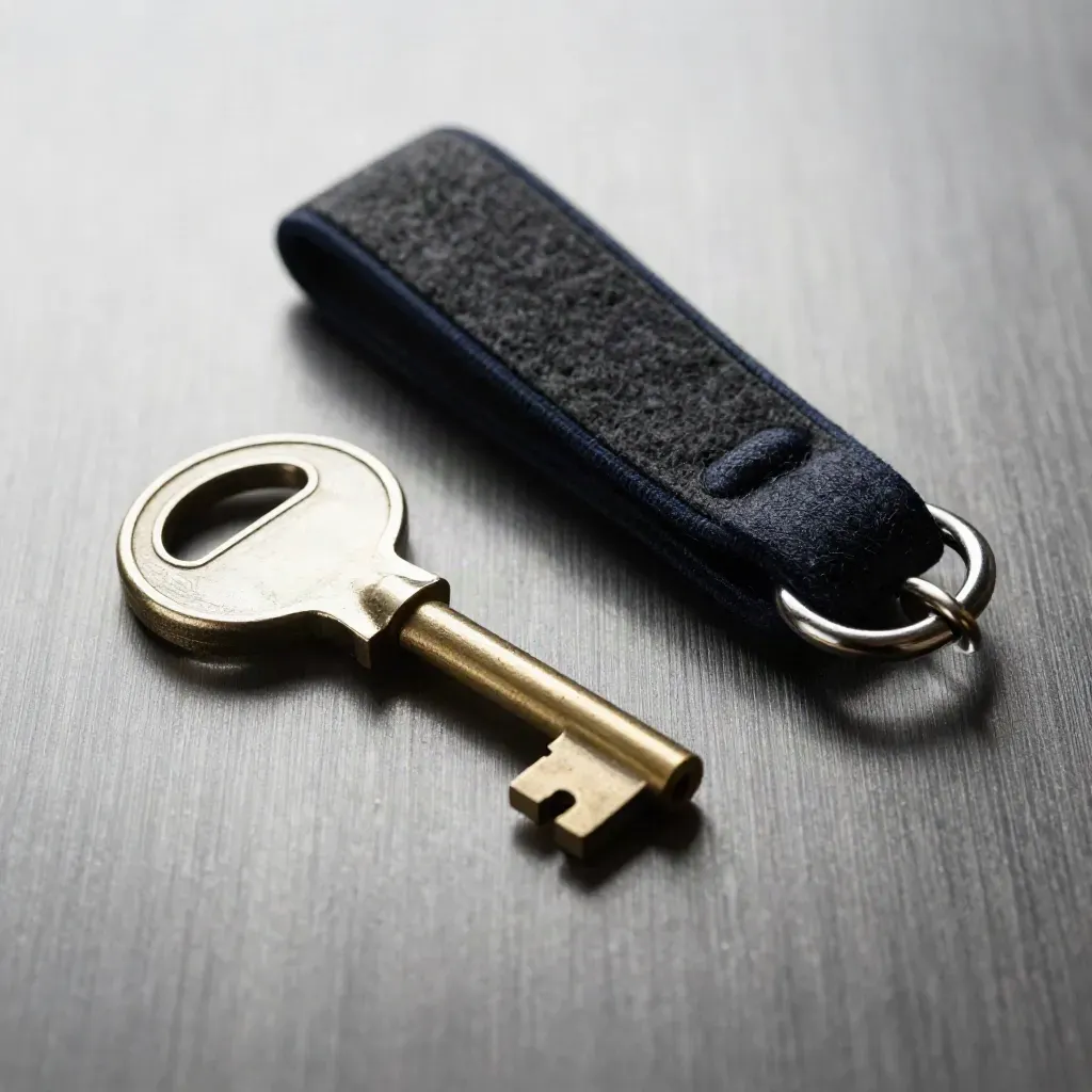 Brass vault key and open lock cylinder on brushed metal with a felt fob, top-down macro.
