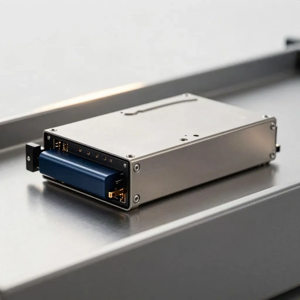 Hot-swap server drive caddy beside a RAID module on brushed aluminium, lit in cool macro detail.