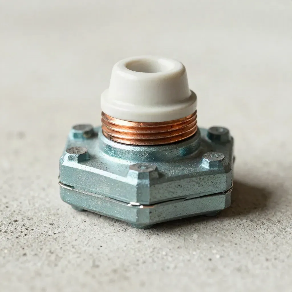 Macro still life of a teal cable gland, copper lug and ceramic cap on dusty concrete.