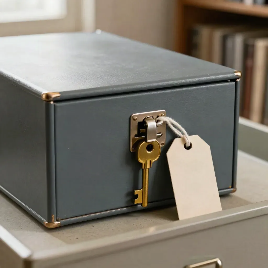 Locked archive box, brass key and evidence tag seen through a tray lip.