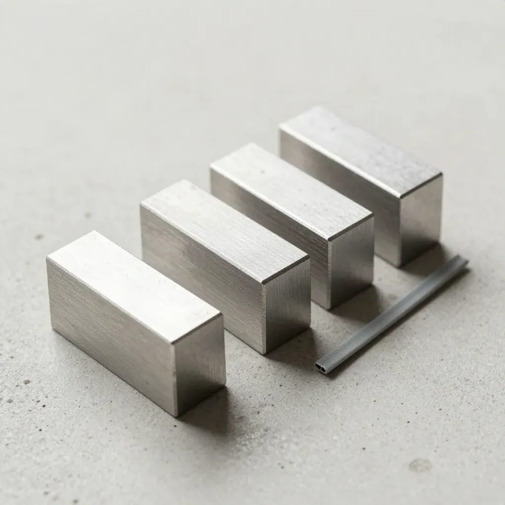 Three aluminium spacer blocks and a clipped cable tie arranged diagonally on pale concrete.