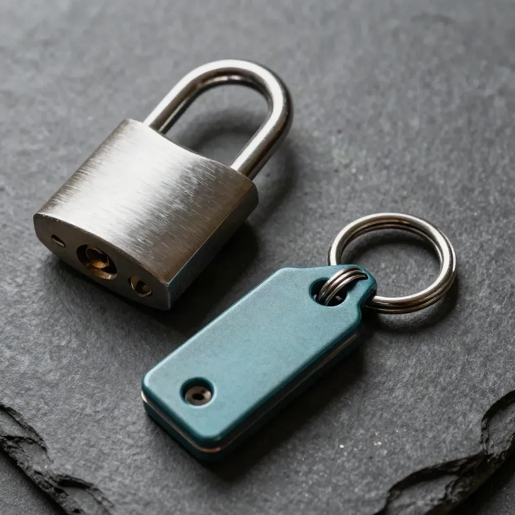 Open padlock, hardware token and keyring loop on matte stone in moody top-down editorial light.