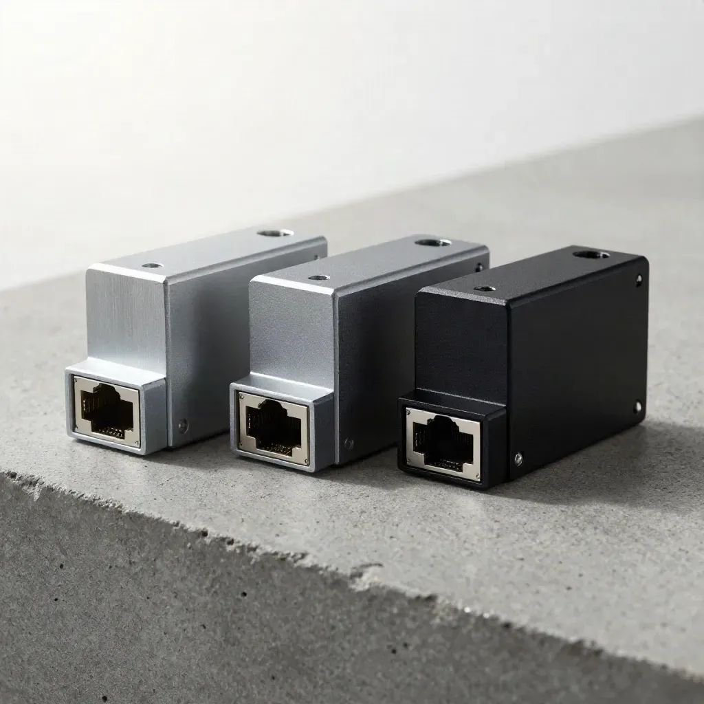 Three network transceiver modules in brushed aluminium, grey and black, fanned on stone.
