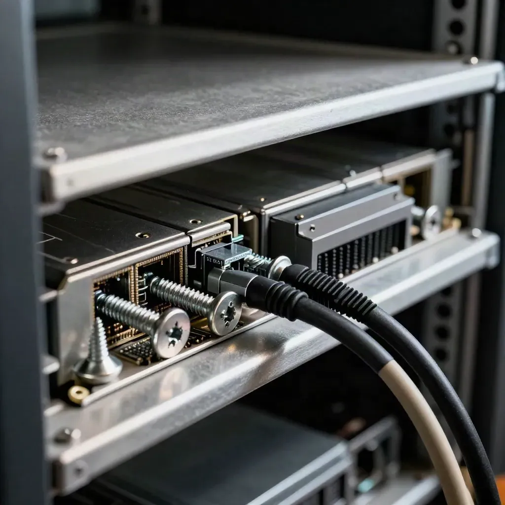Rack screws, an SFP module and a cable comb viewed through a blurred rack ear.