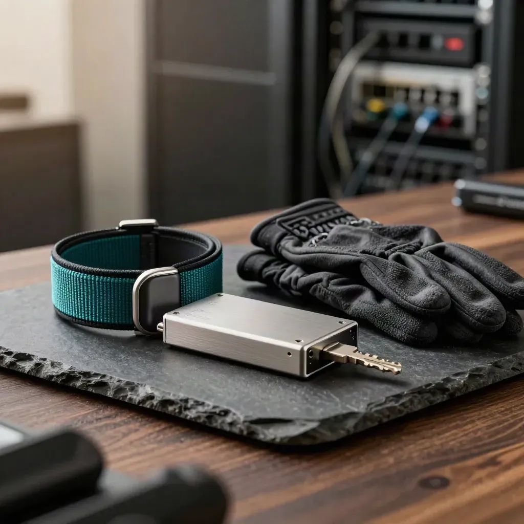 Anti-static wrist strap, folded service gloves and sealed SSD enclosure on dark stone, teal accents.