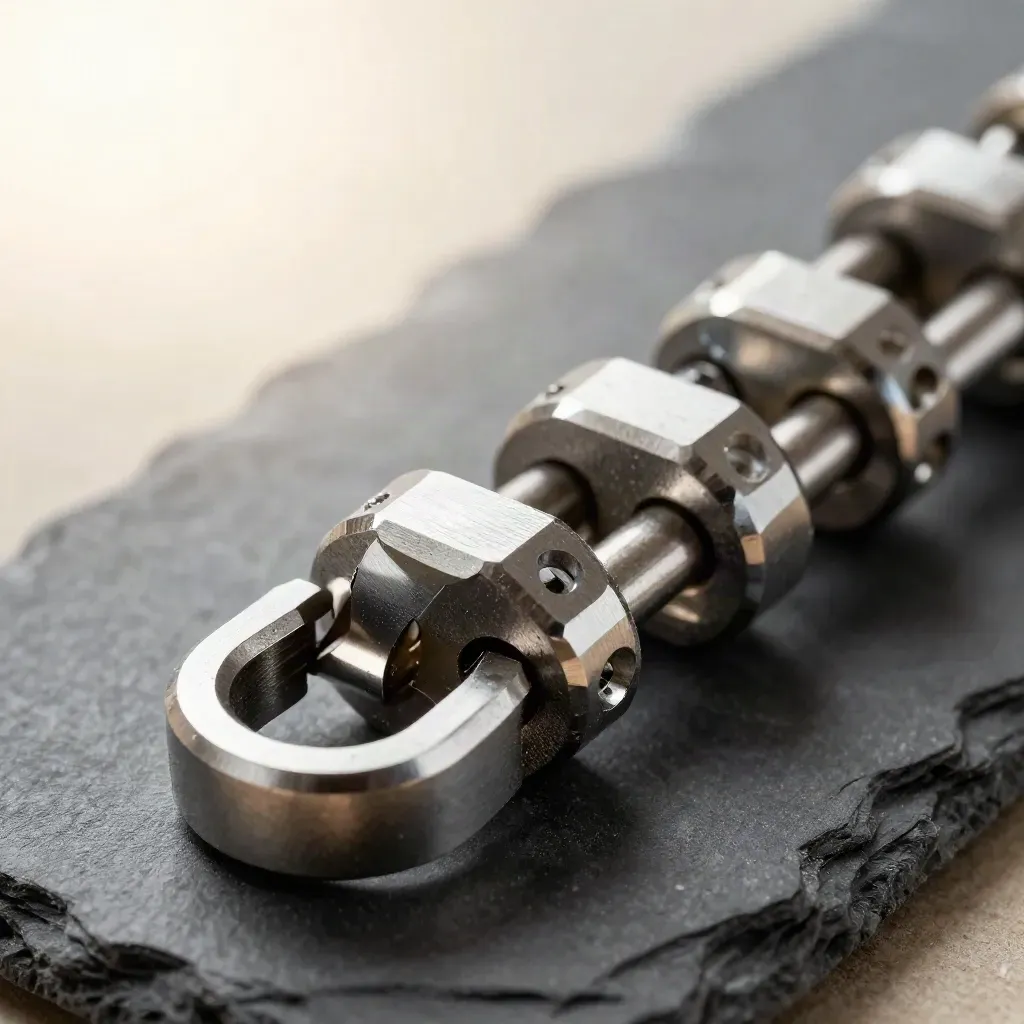 Extreme macro of linked aluminium couplers and steel rings on dark slate, lit from upper left.
