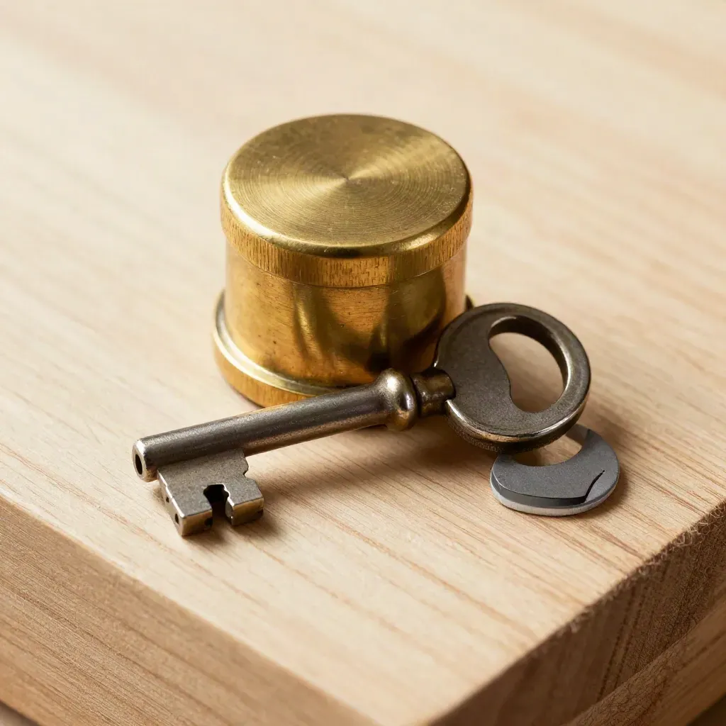 Brass desk weight, vault key and seal stamp base on pale oak in macro light