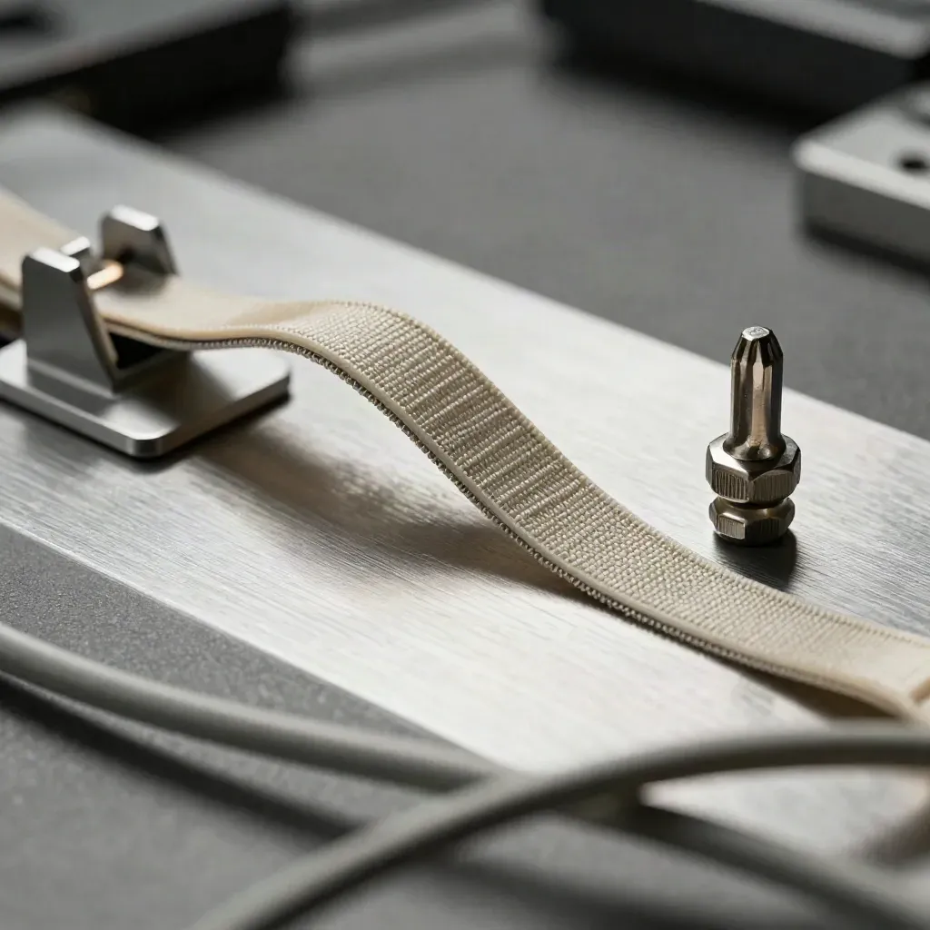 Coiled fibre patch lead, rack ear bracket and hex driver bit on brushed metal in a dim workshop.