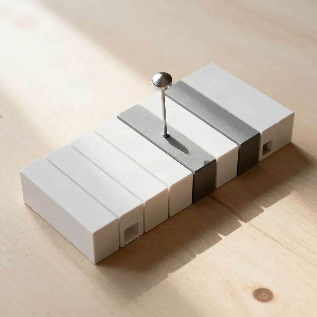 Overhead of white and graphite modular blocks around a machined pin on pale wood