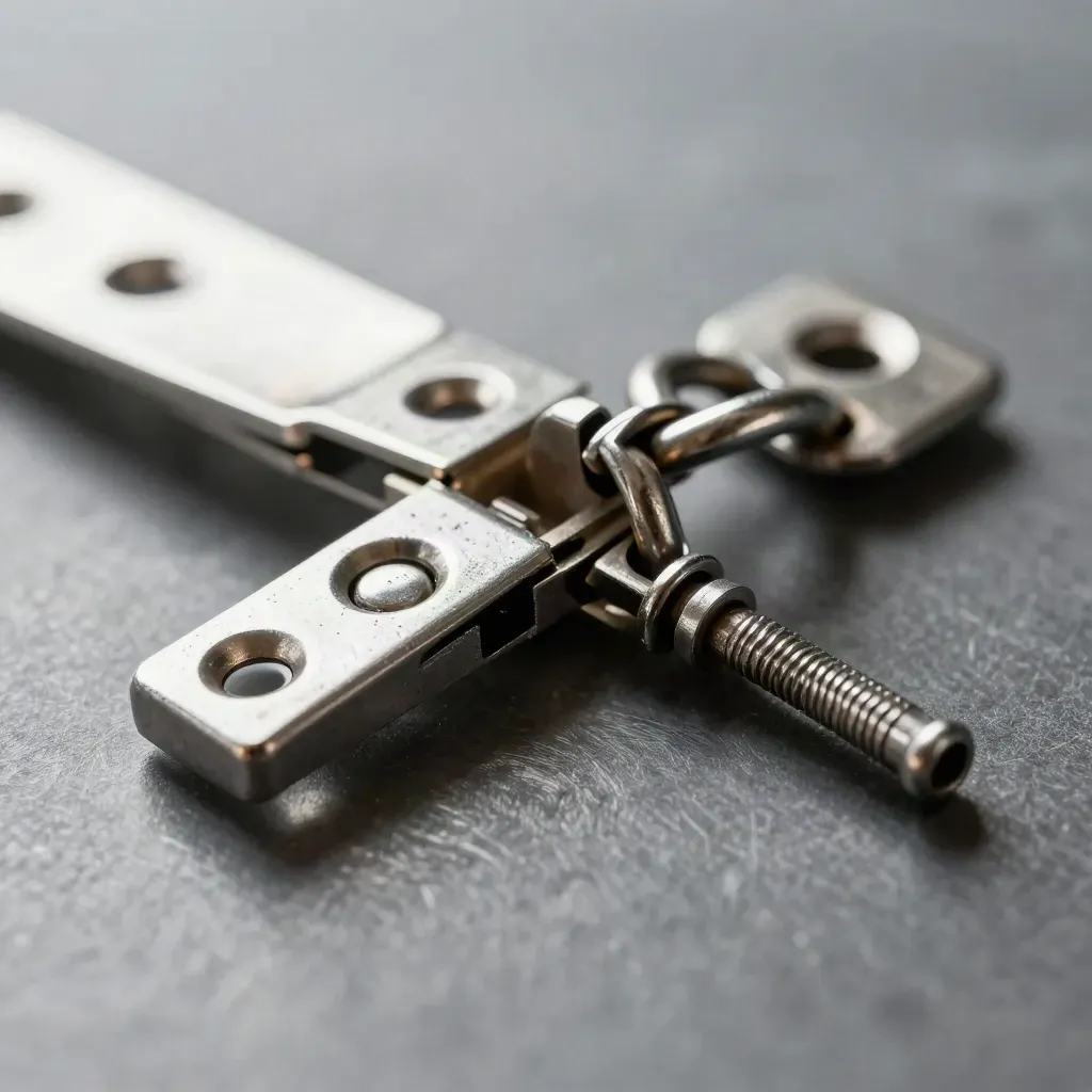 Macro of stainless hinge links clamped on brushed metal with slate reflections and workshop haze.