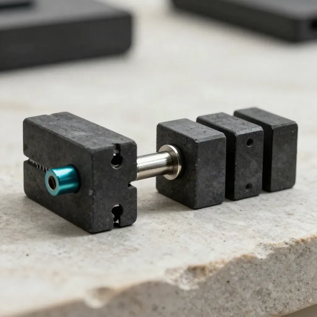 Graphite modular blocks bridged by a metal connector on pale stone with a teal accent