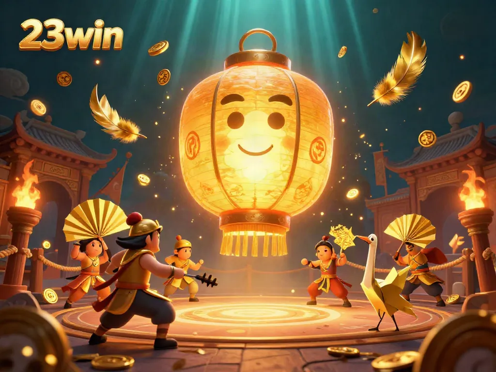 Experience the vibrant gaming world of 23win with a giant lantern spirit and golden companions in an exciting casino environment.