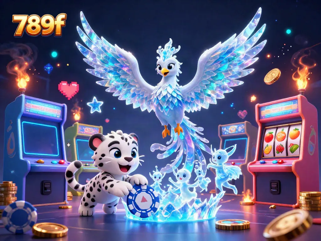 Engage in thrilling gameplay at 789f with a colorful casino scene featuring a 3D ice phoenix and poker chip elements.