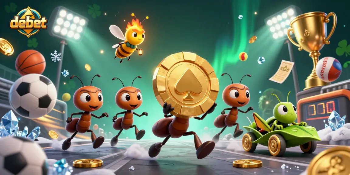 Debet showcases a team of ants in a heist amidst vibrant sports betting action, capturing excitement and strategy.
