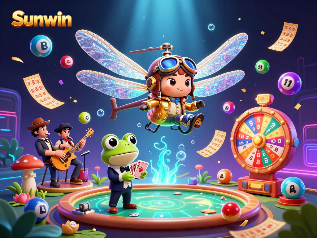 Engage with Sunwin's thrilling casino experience featuring a lively dragonfly pilot and frog dealer.