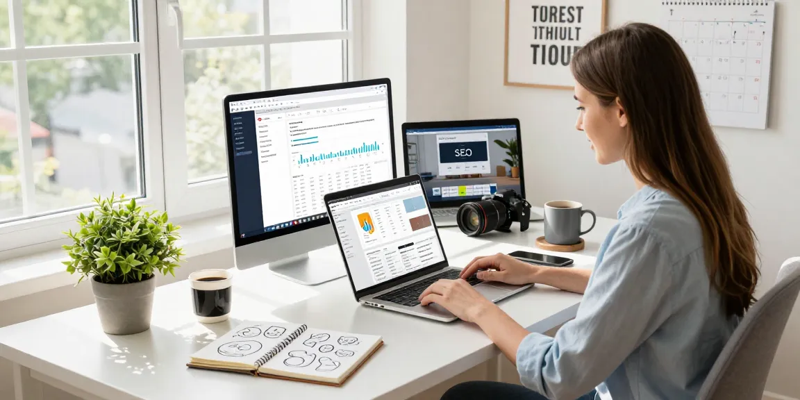 Digital marketer engaged in instant indexing tasks at a bright home office, showcasing productivity.