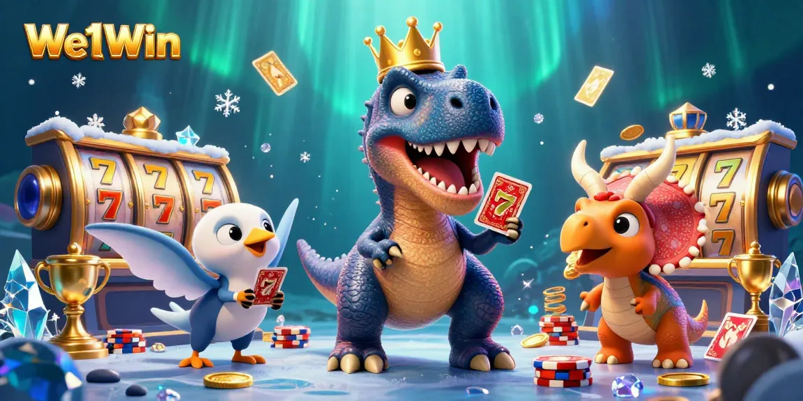 We1Win engages players with an entertaining 3D casino scene featuring a T-Rex, pterodactyl, and triceratops.