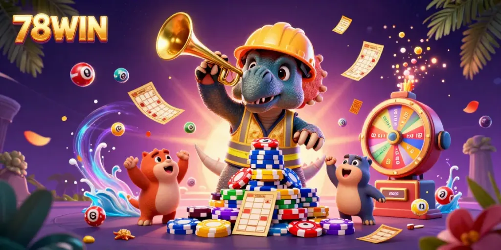 Experience exciting gaming adventures with 78WIN as a triceratops builds a poker chip pyramid.