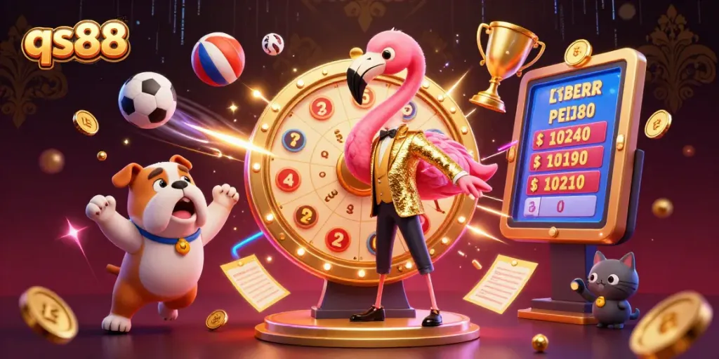 Experience the excitement of qs88 with a lively 3D casino scene filled with vibrant characters and action.