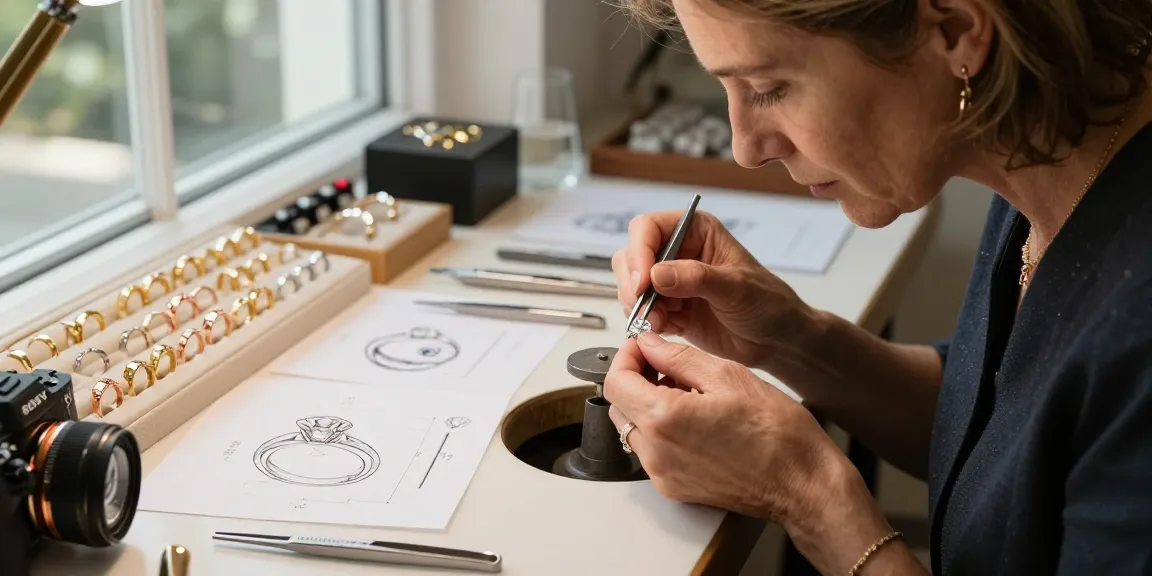 Artisan crafting a bespoke solitaire diamond engagement ring in a bright jewelry studio.