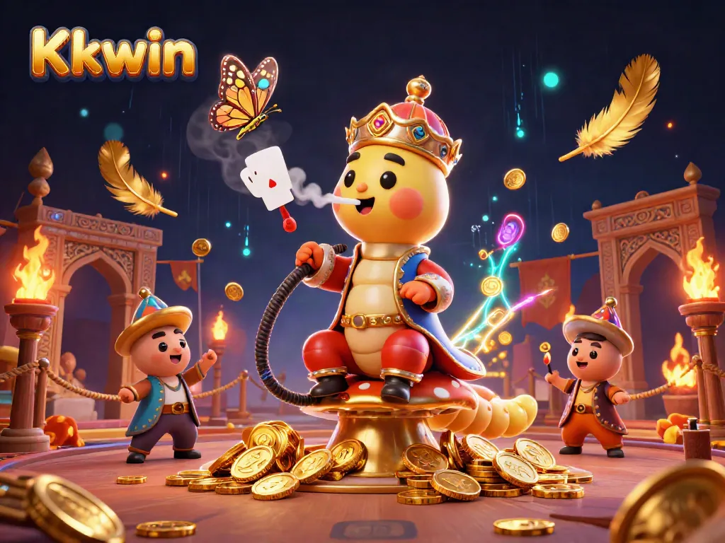 Kkwin players immerse in 3D casino fun with a colorful caterpillar theme featuring poker symbols.