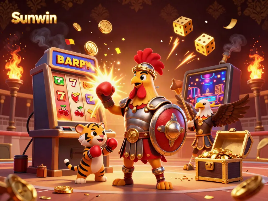 Experience excitement with Sunwin as a victorious rooster displays gambling prowess amidst a dynamic casino splash.