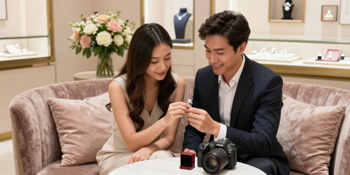Close-up of a couple at a jewelry store admiring a solitaire diamond engagement ring.
