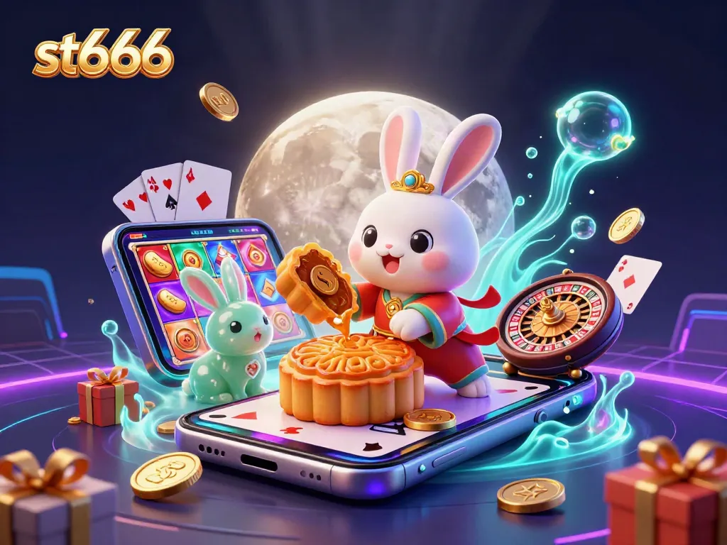 Experience the thrill of st666 with a vibrant illustration showcasing a moon rabbit and casino elements.